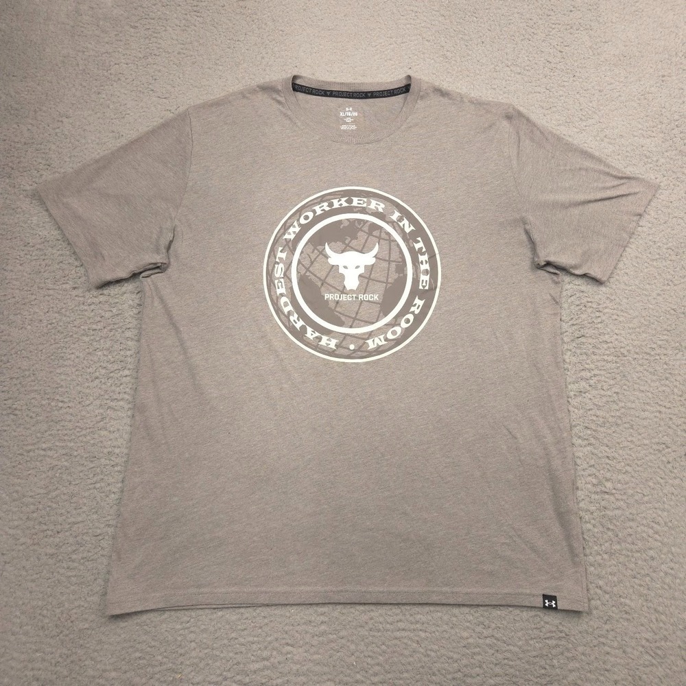 Under Armour Project Rock Graphic Tee Mens XL Loose Gray Hardest Worker In‎ Room